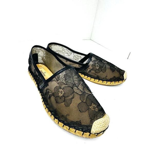 Valentino Shoes - Valentino Black Lace Leather Espadrille Flats Slip On Shoes size EU 37 US 7